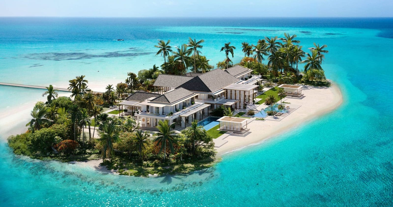 Baccarat Hotel & Residences Maldives rendering — five interconnected South Malé islets, 111-acre footprint